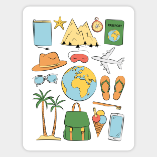 Retro wanderlust traveling art. Cheerful vintage traveler illustration. Magnet